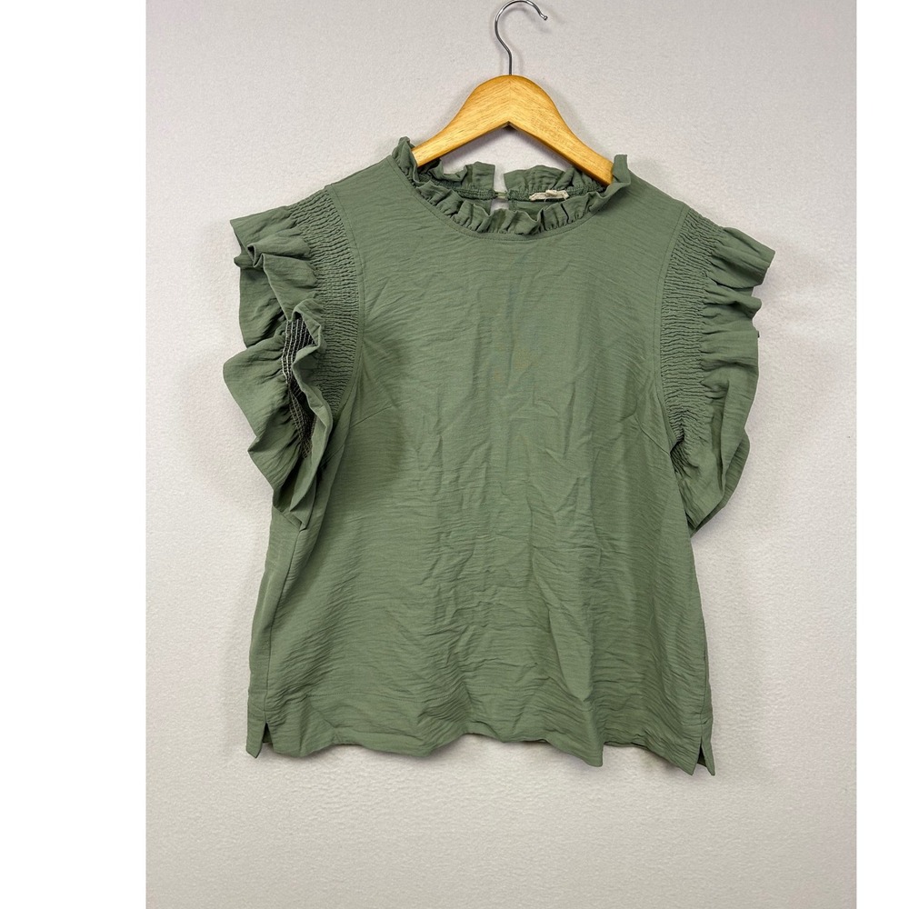 Cottagecore Jodifl Womens LG Olive Green‎ Ruffle Neck Smocked Flutter Sleeve Top
